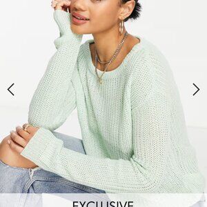 ASOS Missguided Off Shoulder Wide Neck Loose Fit Sweater - Sage/Mint Green